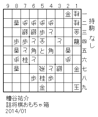 玉方/11桂、12桂、13金、19玉、25香、26歩、34と、37銀、42歩、43と、47と、52歩、54成銀、57飛、62歩、63銀、64と、66と、72歩、73銀、75と、82香、85香、86歩、87香/攻方/14龍、17金、21金、45角、48歩、53歩、55と、58桂、59金、65角、68歩、74歩、76桂、84歩/持駒/なし/