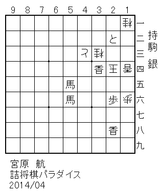 玉方/11桂、14香、16歩、24玉、33桂、43と/攻方/22と、26歩、28香、34香、55馬、56馬/持駒/銀/