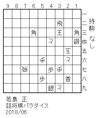 玉方/14銀、25玉、26と、37歩、39と、44と、56歩、77飛/攻方/13角、28香、32飛、33王、47歩、49銀、58歩、63角/持駒/なし/